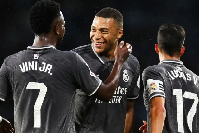 Kylian Mbappe dan Vinicius Junior masing-masing mencetak satu gol dalam kemenangan telak Real Madrid atas Celta Vigo.