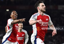 Declan Rice merayakan golnya untuk Arsenal saat melawan Real Madrid. (c) Reuters